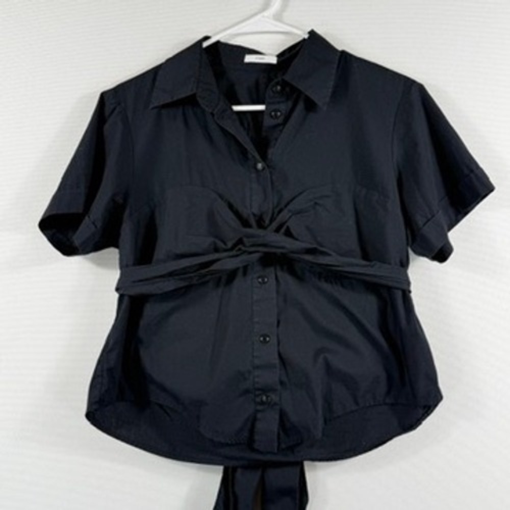 Tome NYC Twist Front Shirt Womens 2 Black Short Sleeve Poplin Minimalist Modern
